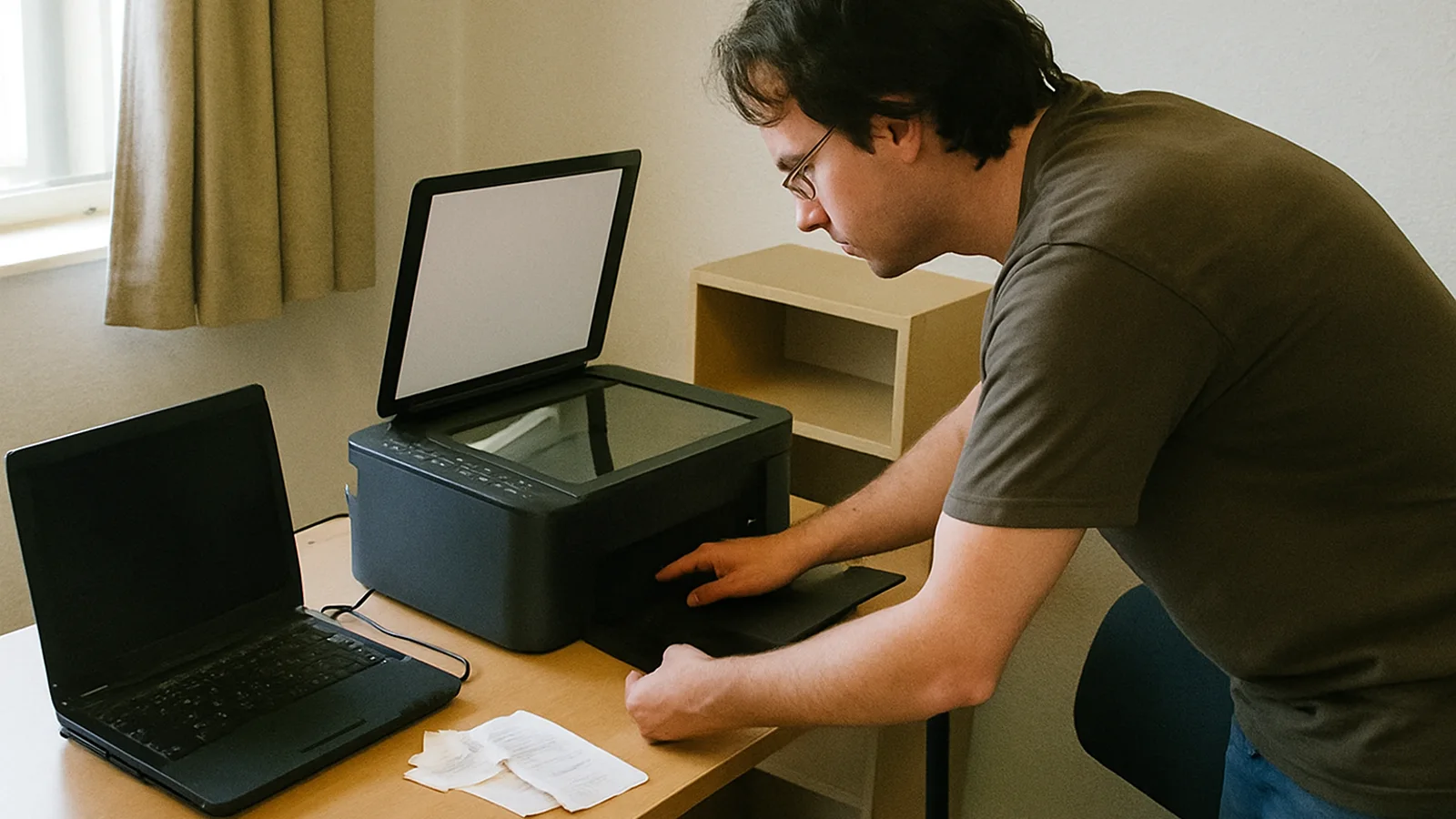 Person using an all-in-one printer in a home office