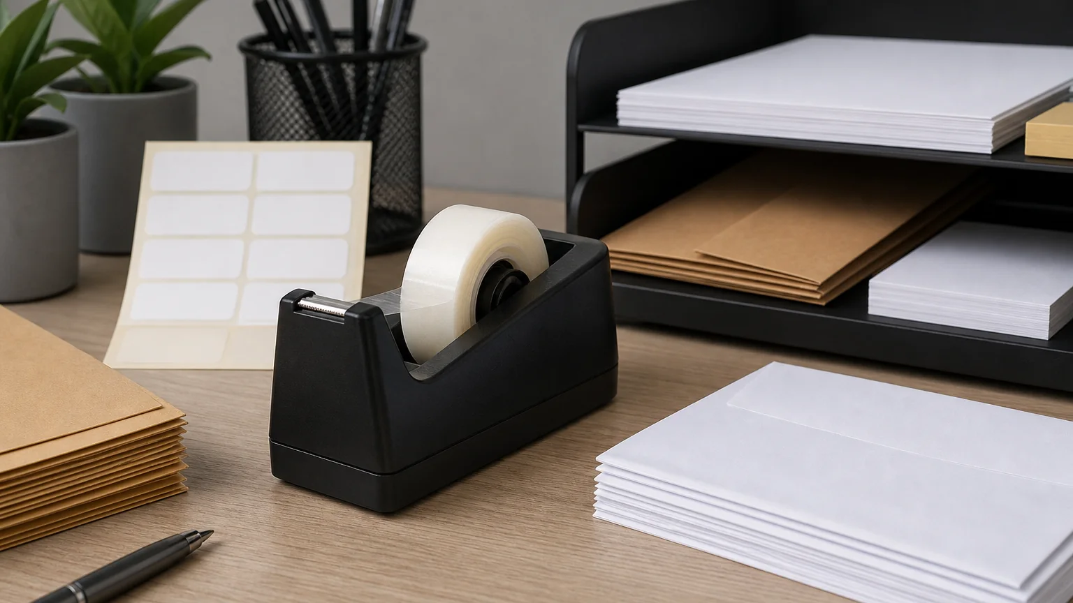 tape dispenser on an organized office desk